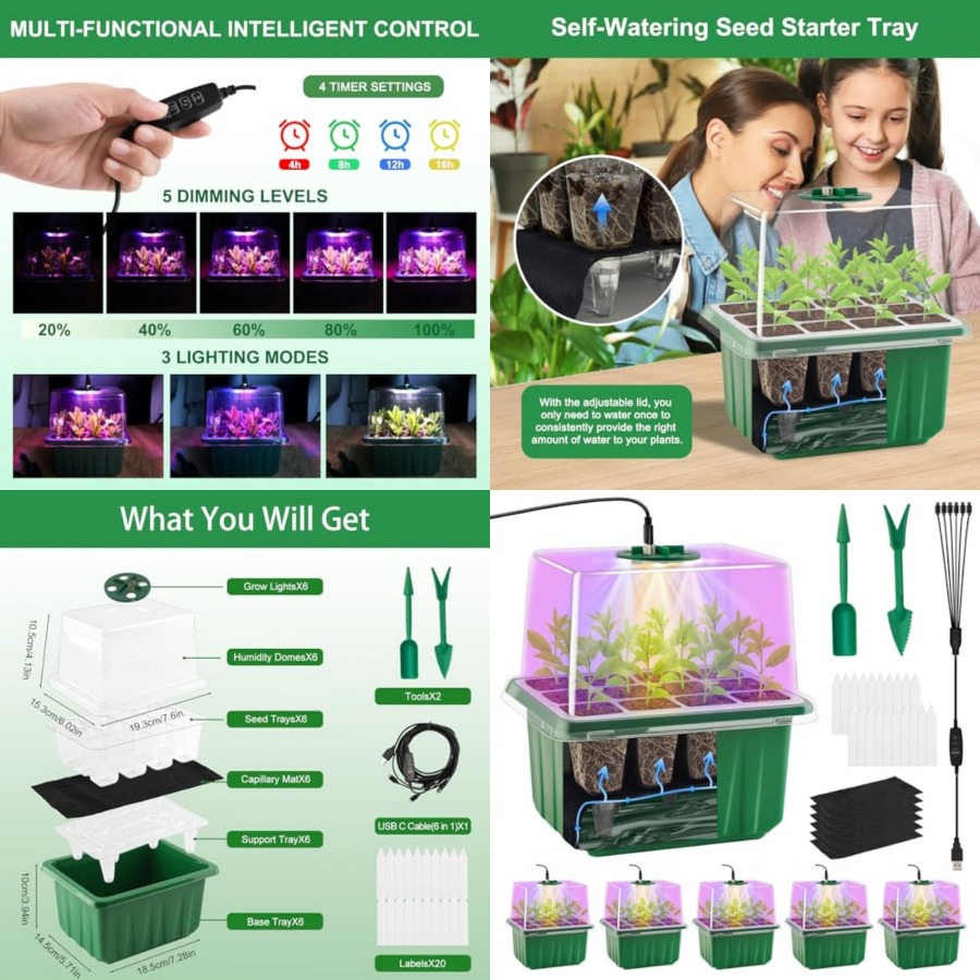 Greenhouse Mini Indoor - 조명이 있는 묘목 트레이, 6팩 식물
